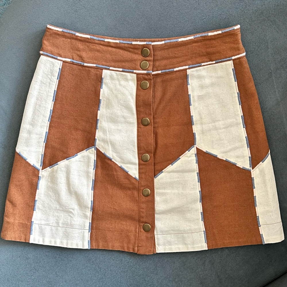 Sezane Patchwork Mini Skirt in Rust and Cream
